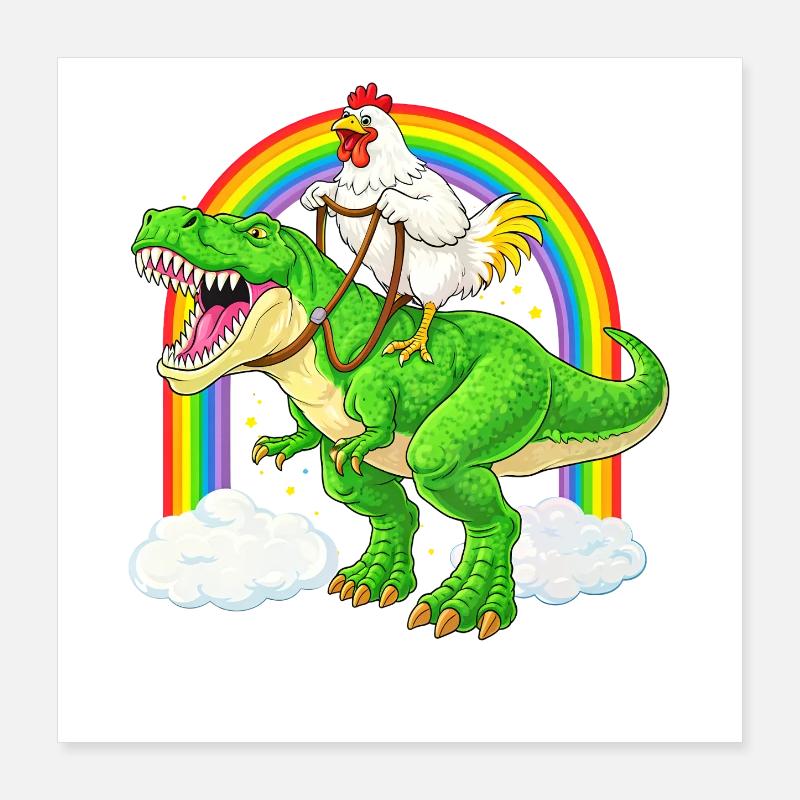 Dinosaure Arc-en-ciel à chevauchage de poulet T-Rex Poster 40 x 40 cm