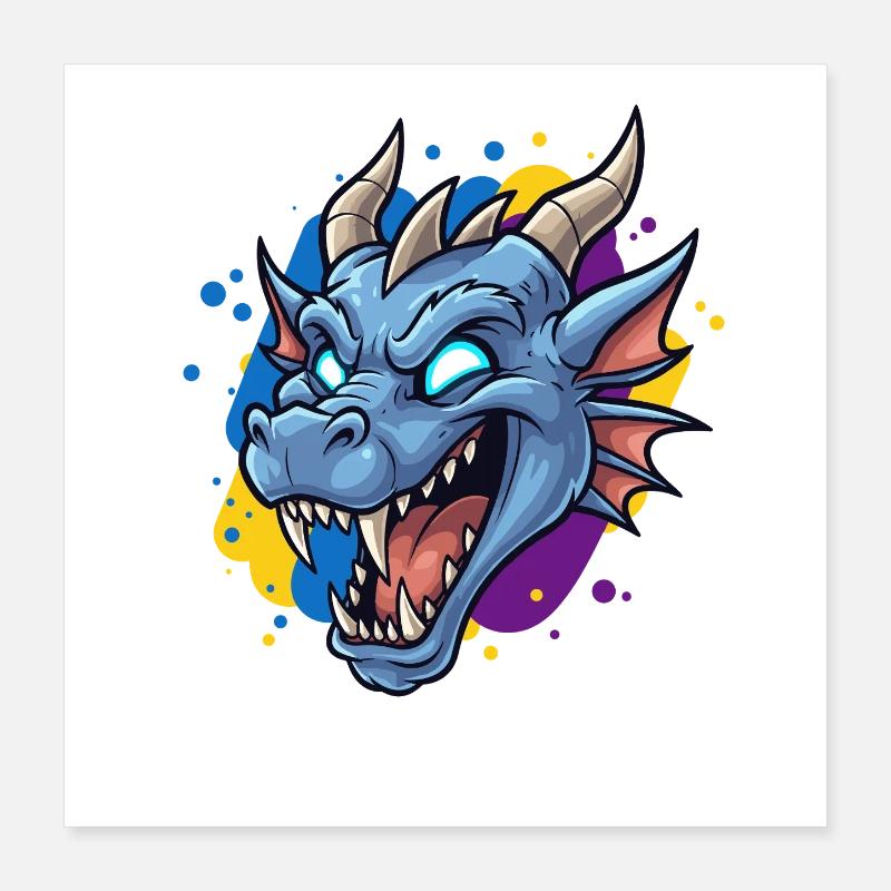 Blauer Drachenkopf Neon-Splash Poster 40x40 cm