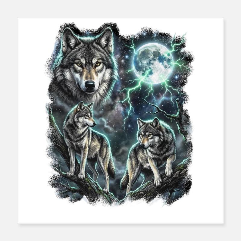 THREE Wild Wolves with Moon Wildlife Designs Poster 16" x 16" (40x40 cm)