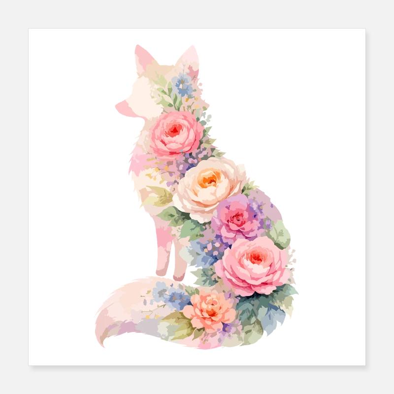Fuchs Pastell Blumen Silhouette Poster 40x40 cm