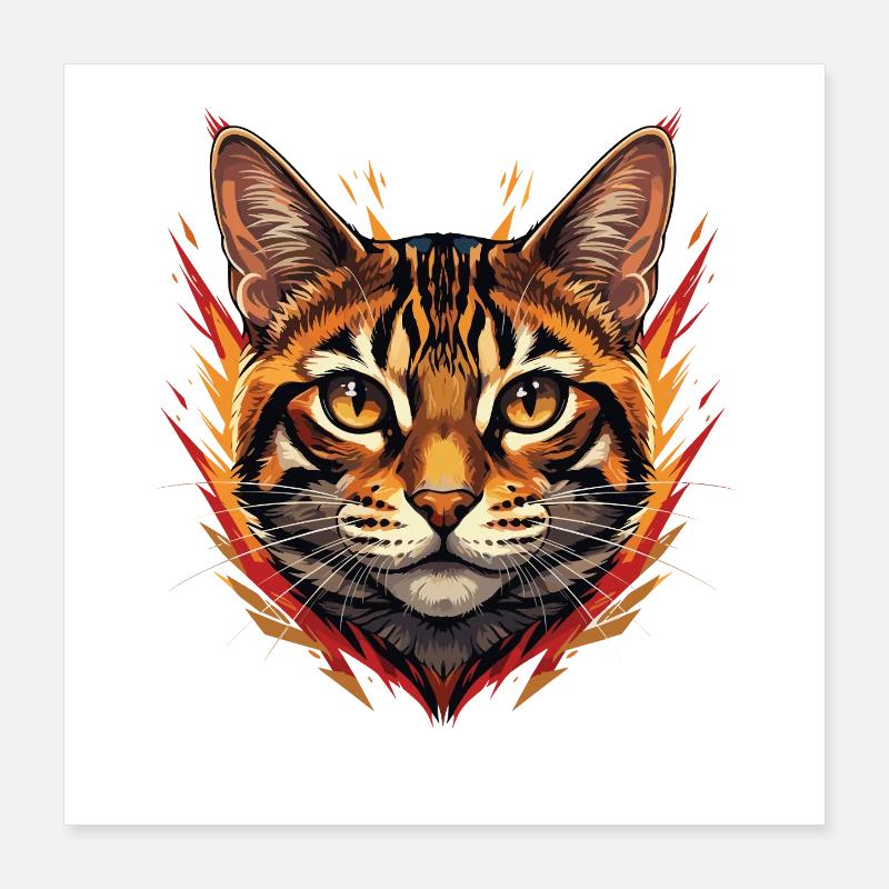 Flammen-Katze Kopf mit Feuerakzenten Poster 40x40 cm