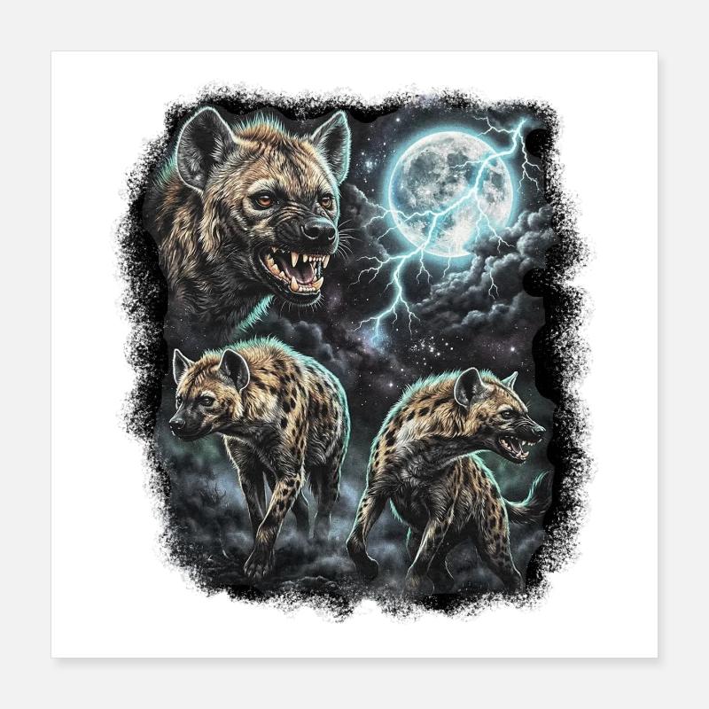 THREE Wild Hyena with Moon Wildlife Designs Poster 16" x 16" (40x40 cm)
