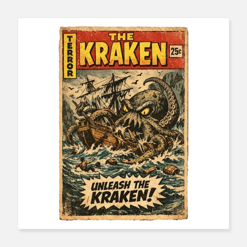 Kraken Seeungeheuer Vintage Comic Poster 40x40 cm