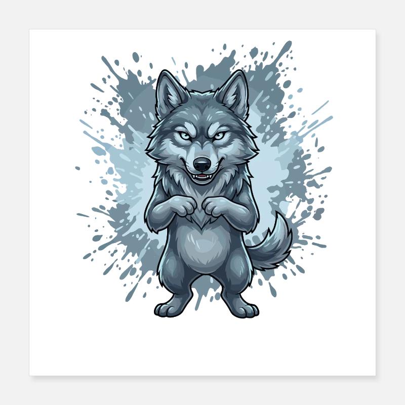 Blauer Wolf Cartoon mit Spritzhintergrund Poster 40x40 cm