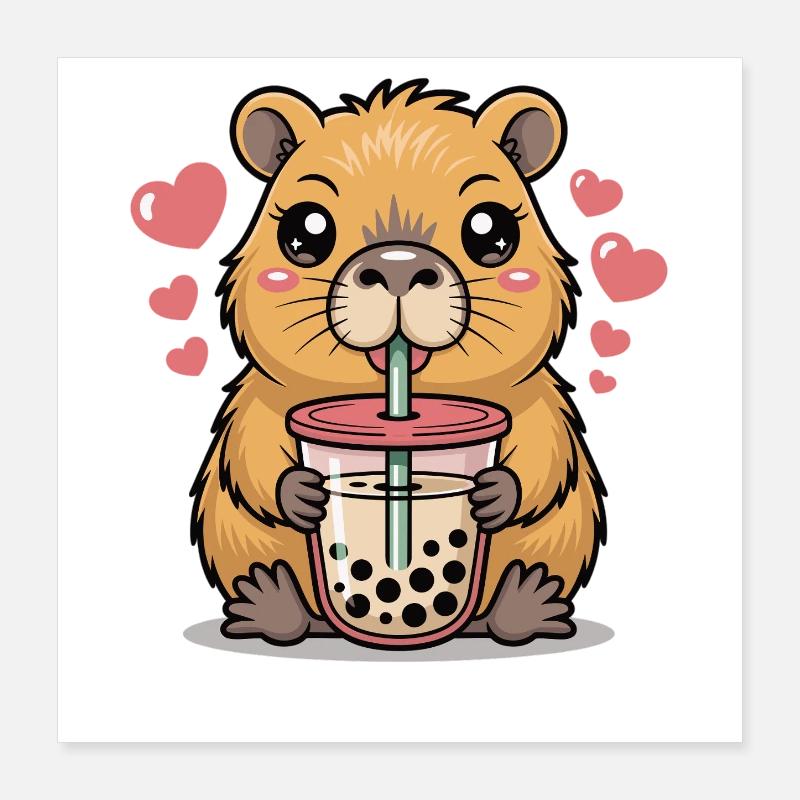Capybara Bubble Tea Shirt Kawaii Poster 16" x 16" (40x40 cm)