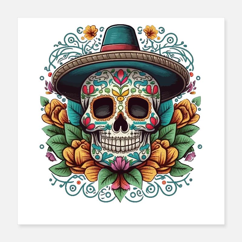 Sugar Skull with Hat and Floral Aztec Poster 16" x 16" (40x40 cm)