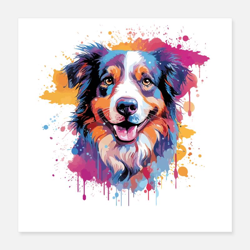 Bunte Splash-Art des Australian Shepherd Hundes Poster 40x40 cm