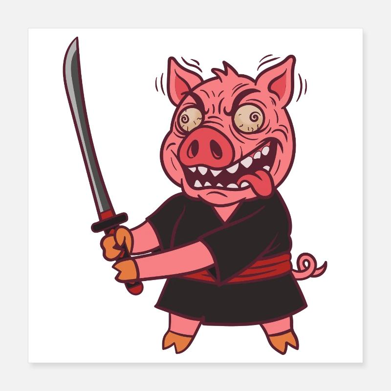 Crazy Samurai Pig with Sword Poster 16" x 16" (40x40 cm)