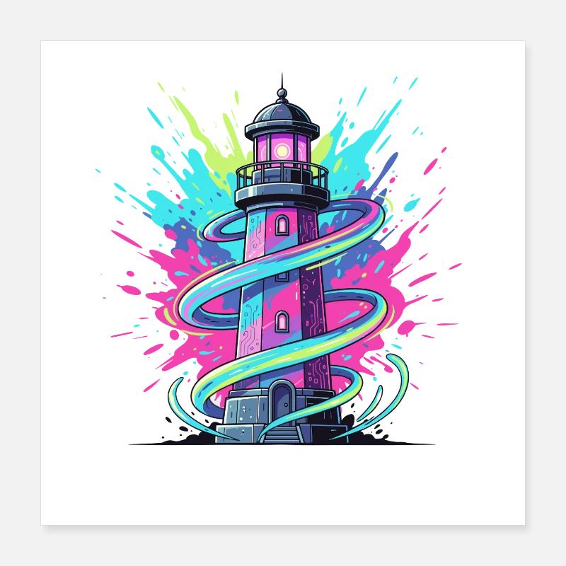 Neon Swirl Lighthouse Poster 16" x 16" (40x40 cm)