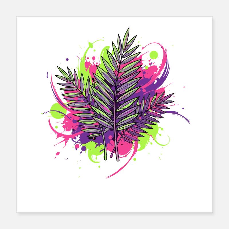 Feuille tropicale néon avec des éclaboussures de peinture Poster 40 x 40 cm