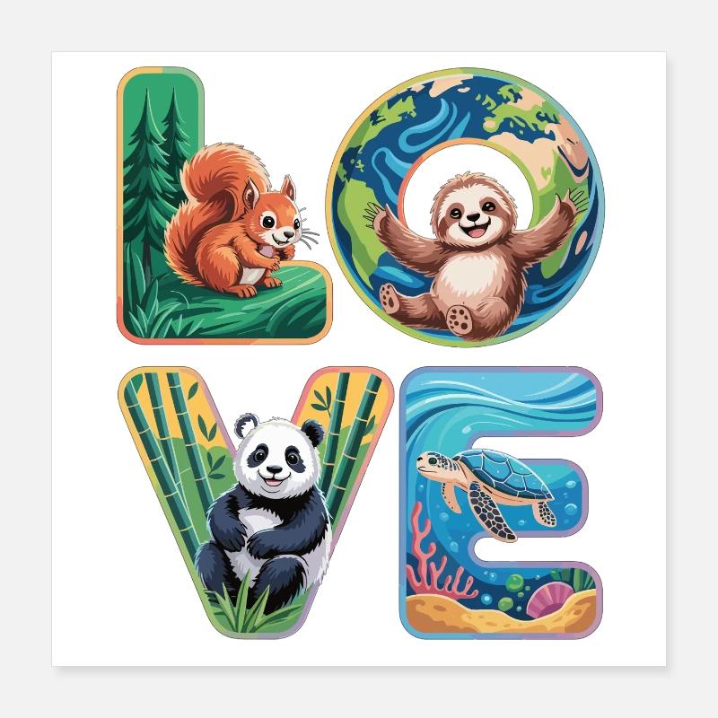 T-Shirt Panda Sloth Turtle Squirrel Poster 16" x 16" (40x40 cm)