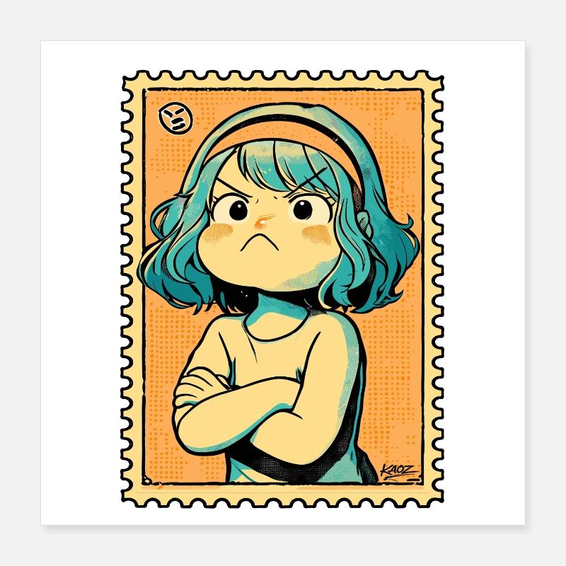 Dessin timbré aux cheveux turquoise défiants Poster 40 x 40 cm