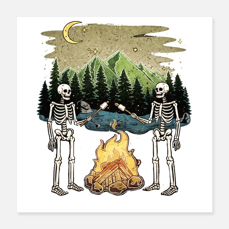 Camp de camping nocturne Marshmallow au feu de camp Skeleton Poster 40 x 40 cm