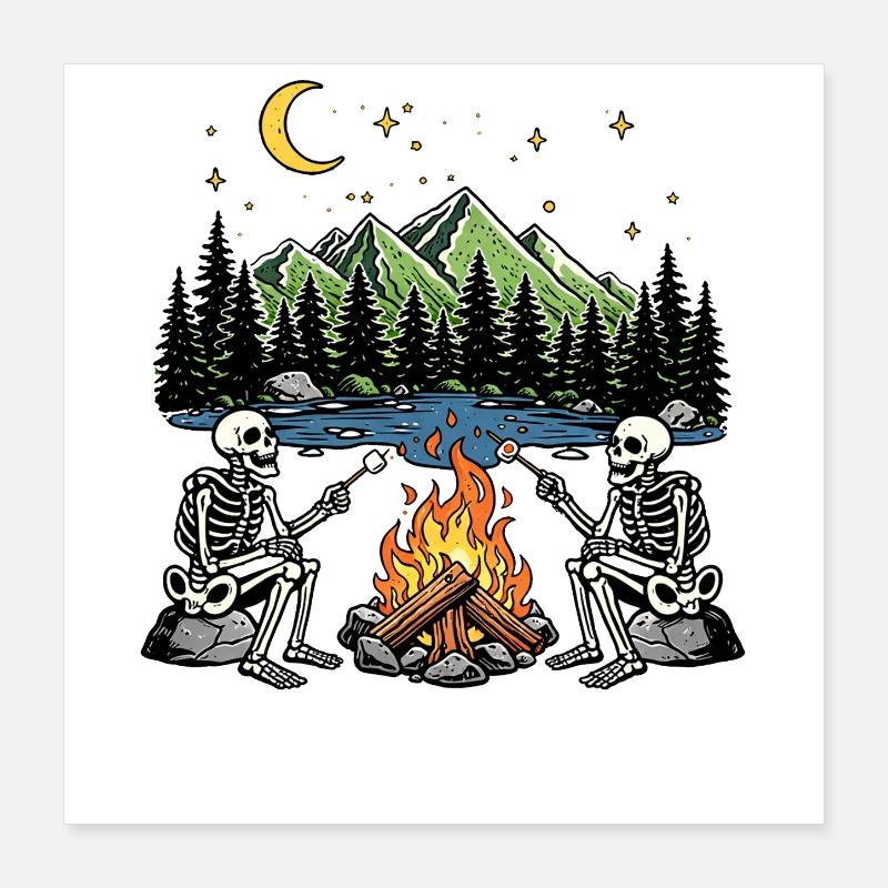Camp de camping nocturne Marshmallow au feu de camp Skeleton Poster 40 x 40 cm