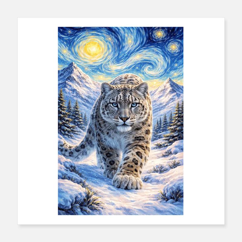 Léopard des neiges dans la forêt stellaire Poster 40 x 40 cm