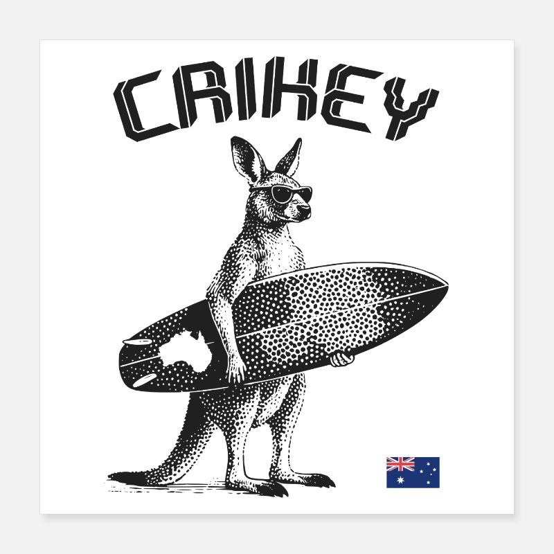 Crickey Kangaroo Australia Surfing Poster 16" x 16" (40x40 cm)