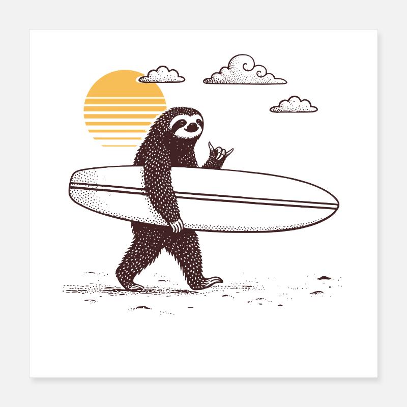 Paresseux Chaka Surfeur Poster 40 x 40 cm