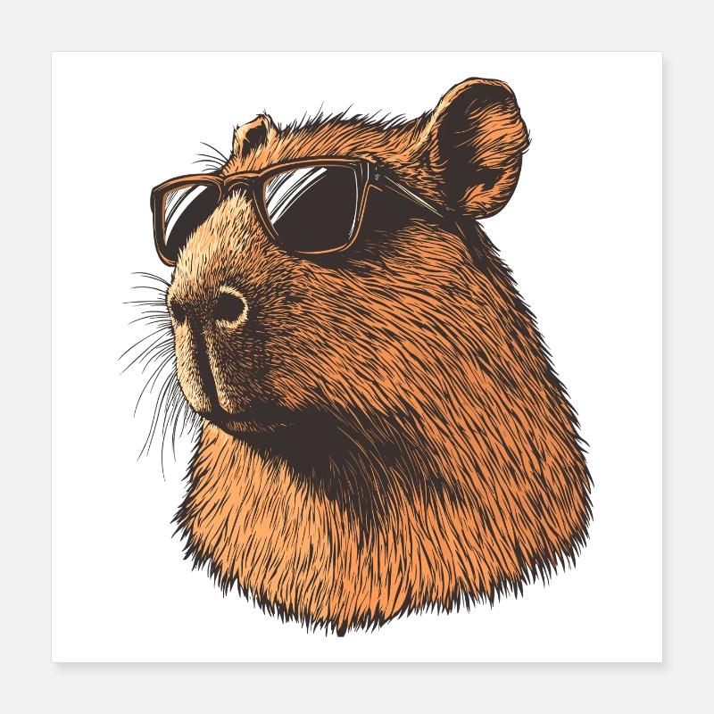 Capybara avec lunettes de soleil – Dessin animé rétro Poster 40 x 40 cm