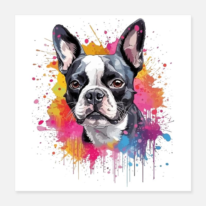 Chien Boston Terrier aux illustrations colorées Poster 40 x 40 cm