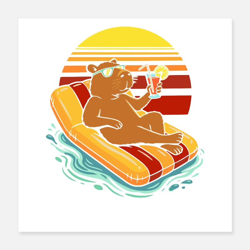 Capybara auf einer Luftmatratze trinkt Saft Poster 40x40 cm