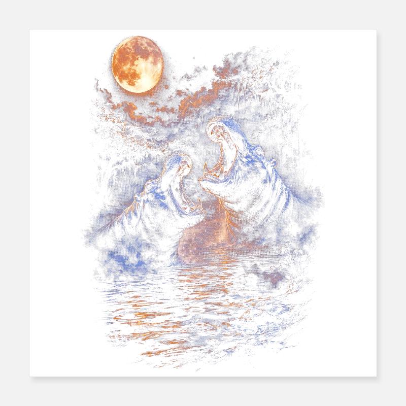Nuit éclairée par la lune, Hippo-rugissement dans l’eau Poster 40 x 40 cm