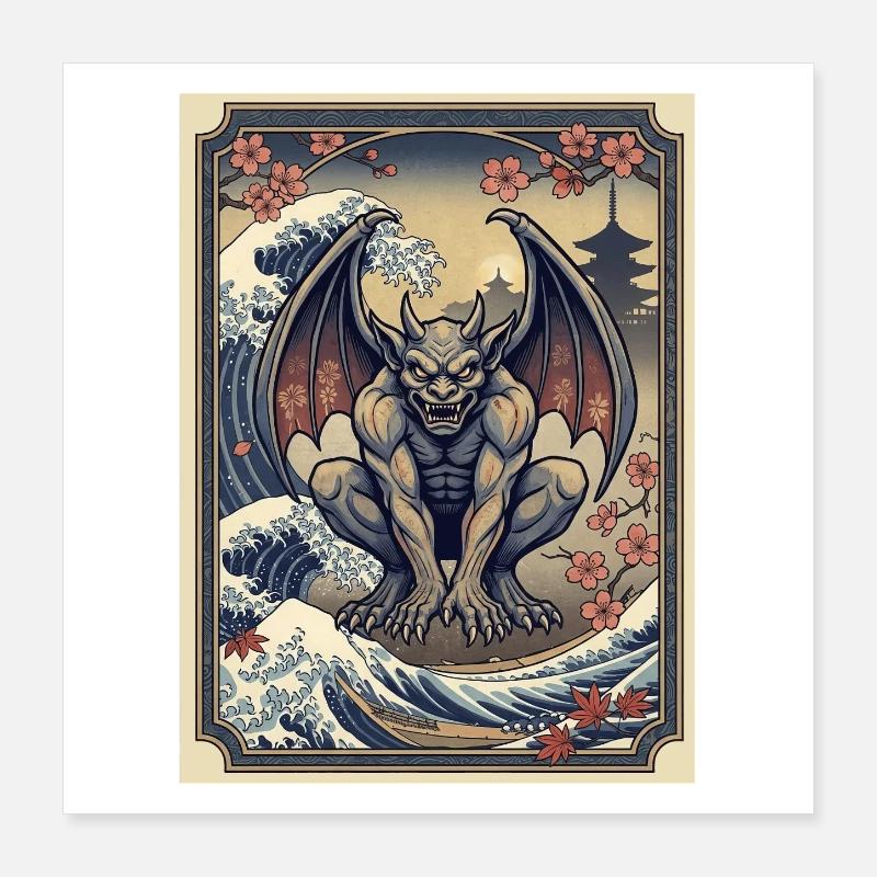 Gargoyle im japanischen Wellenstil Poster 40x40 cm