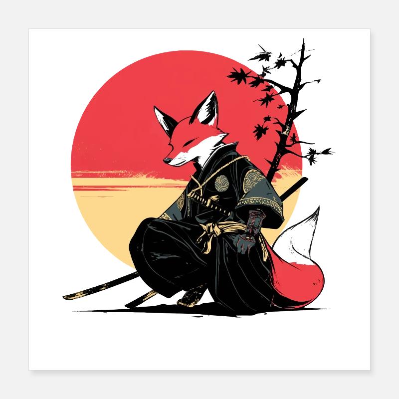 Fox Samurai au coucher du soleil Poster 40 x 40 cm