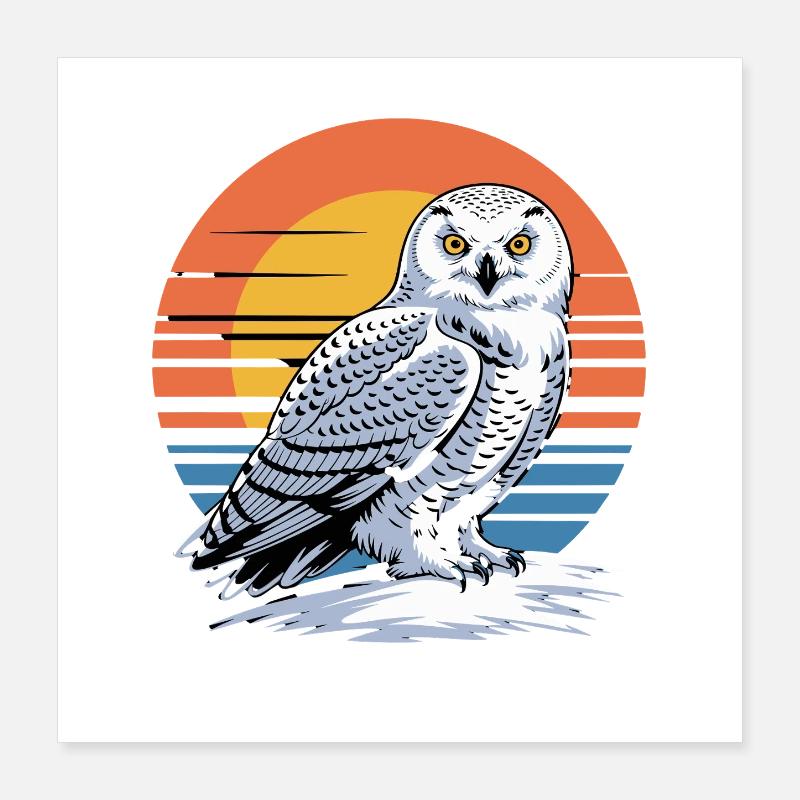La chouette blanche devant la chouette du coucher rétro Poster 40 x 40 cm