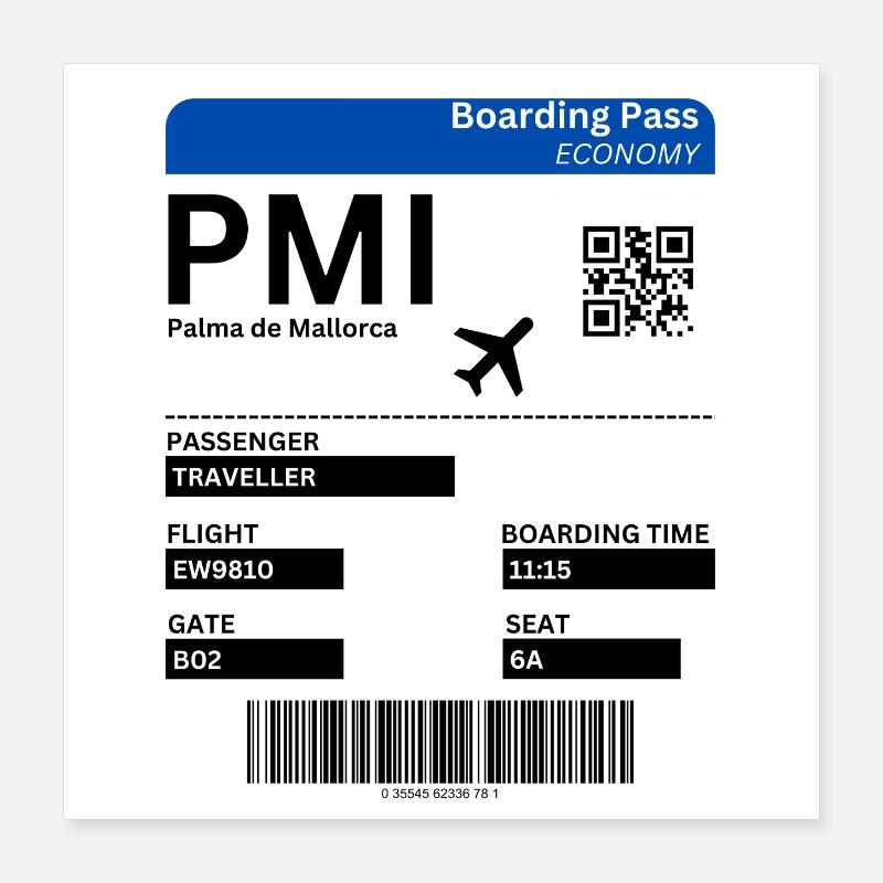 Mallorca Flight Ticket Design Boarding Pass Shirt Poster 16" x 16" (40x40 cm)