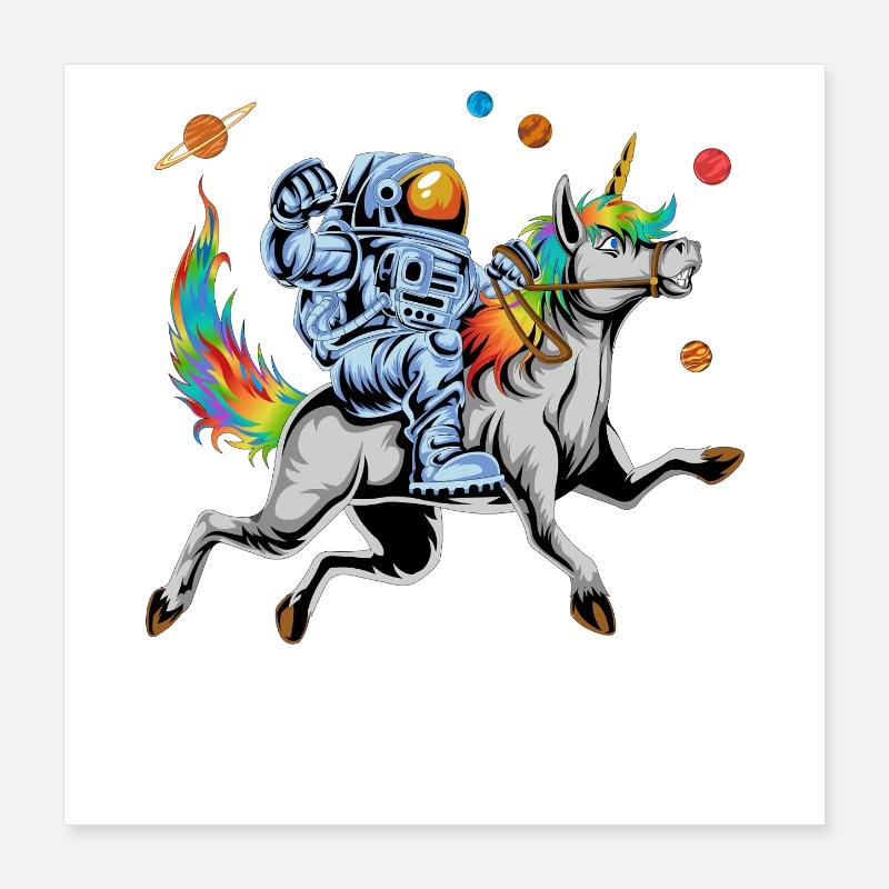 Astronaut Riding Rainbow Unicorn in Outer Space Poster 16" x 16" (40x40 cm)
