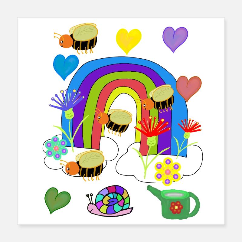 Rainbow Insect Bees Illustration Poster 16" x 16" (40x40 cm)