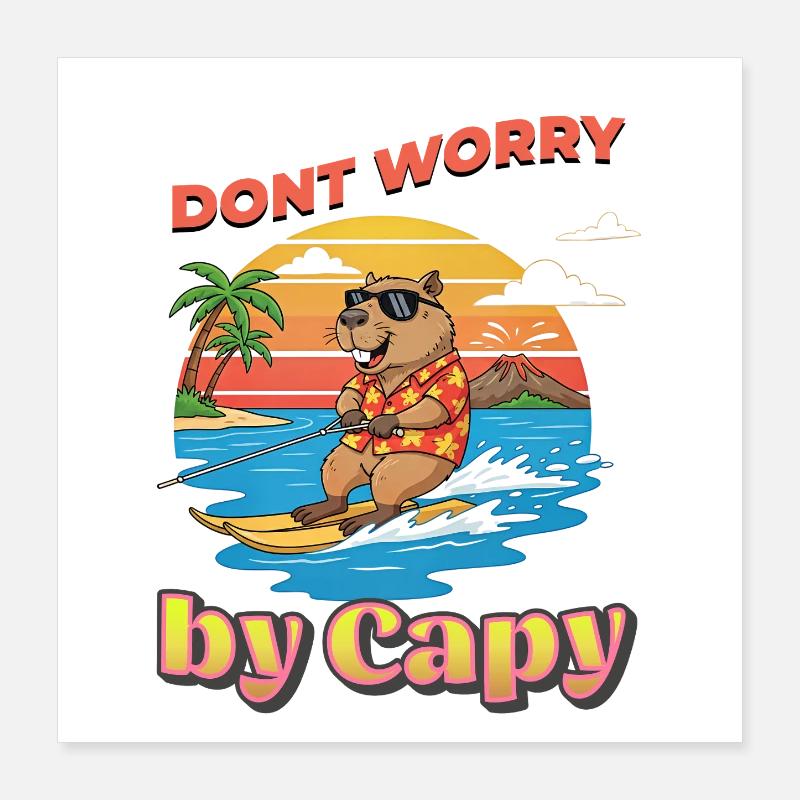 Surfeur capybara au coucher du soleil Poster 40 x 40 cm