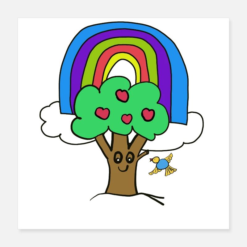 Baum Regenbogen Kind Vogel Märchen Poster 40x40 cm