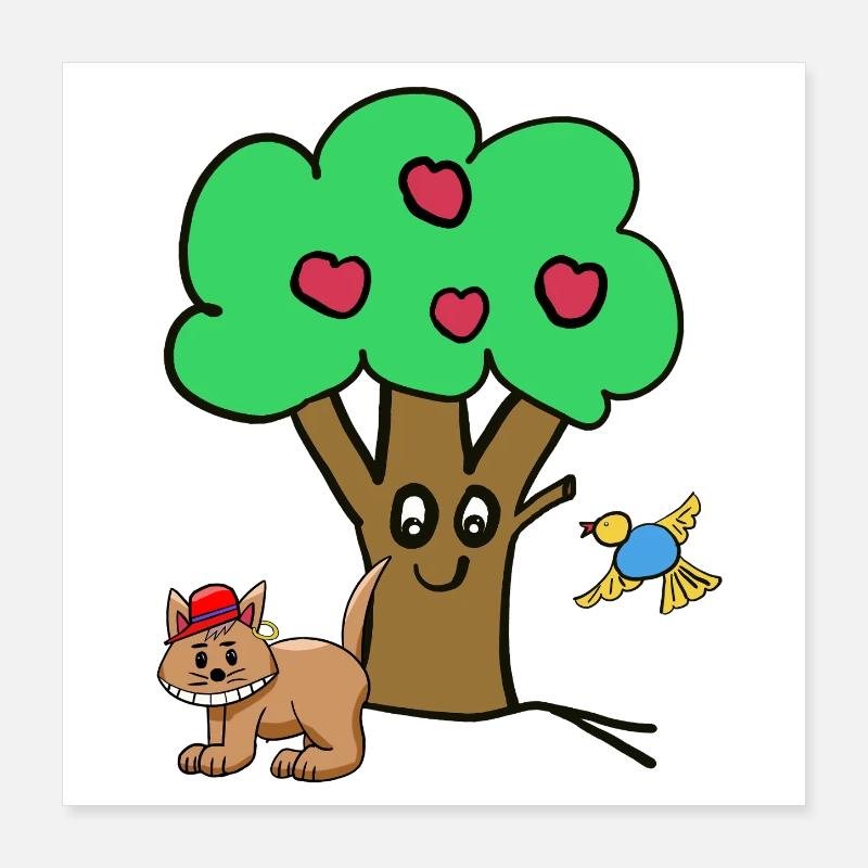 Apple Tree Cat Bird Kids Garden Nature Poster 16" x 16" (40x40 cm)