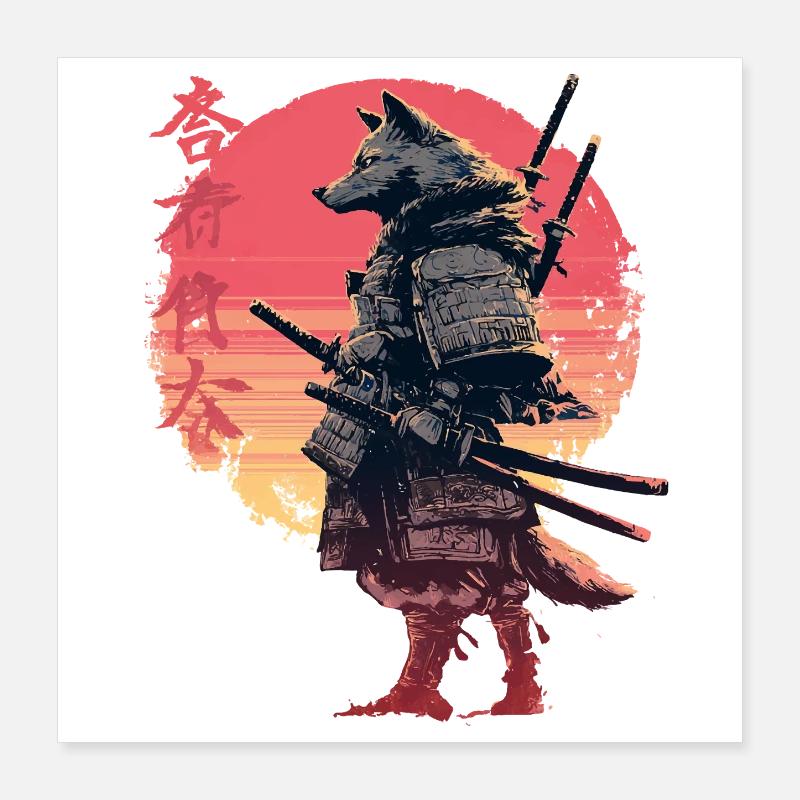 Samouraï Loup au Coucher du Soleil Poster 40 x 40 cm