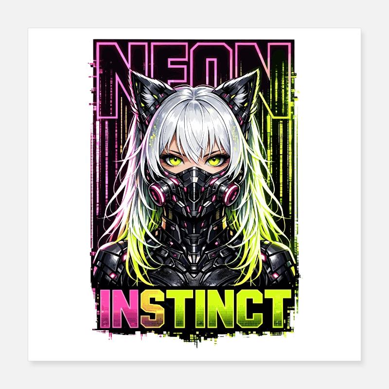 Neon Instinct Cyberpunk Katzenmädchen Style Poster 40x40 cm