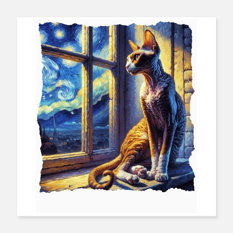 Nuit étoilée du chat Cornish Rex Poster 40 x 40 cm