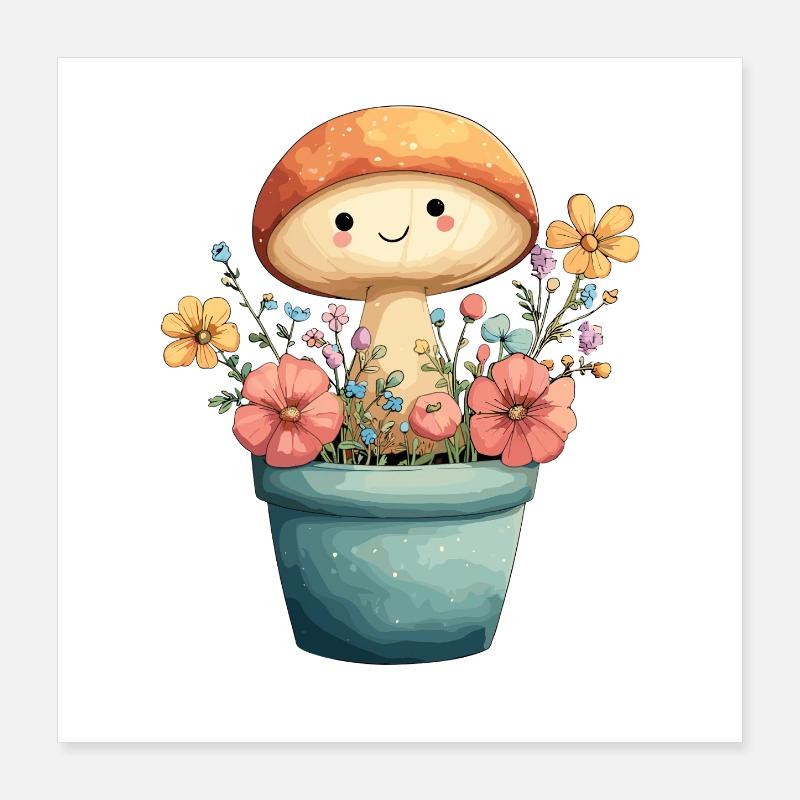 Un champignon joyeux dans un pot de fleurs Poster 40 x 40 cm
