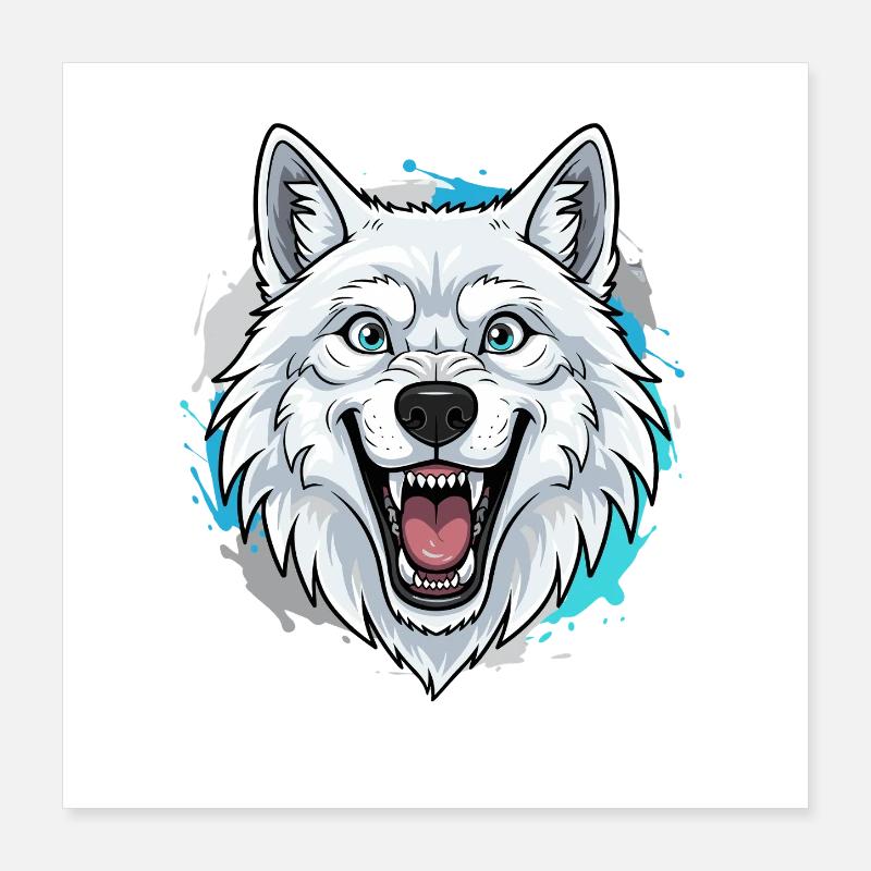 White Wolf Head Cartoon Blue Accents Poster 16" x 16" (40x40 cm)