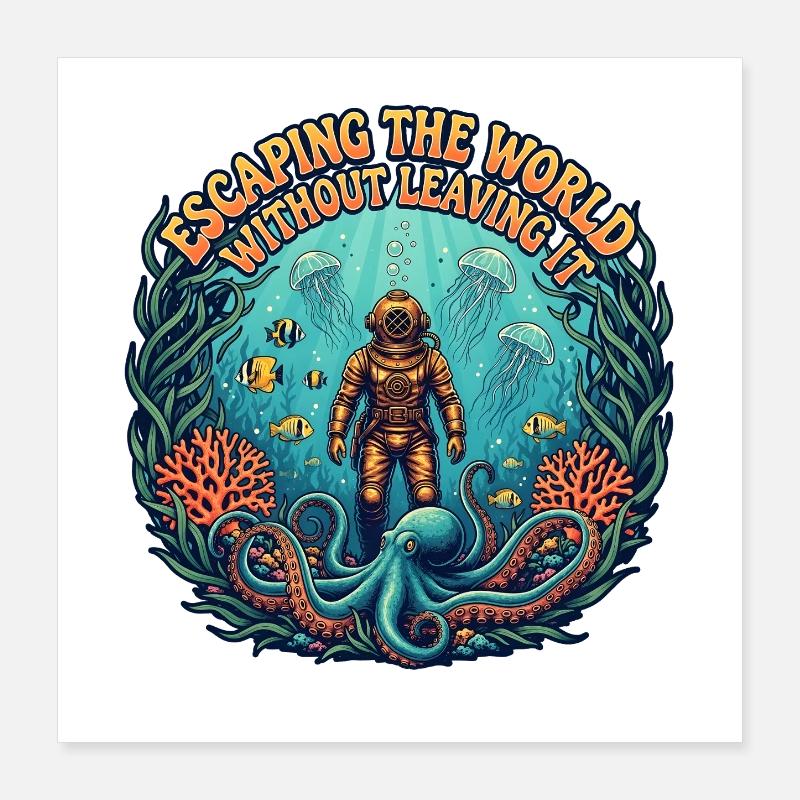 Fuir le monde sous l’eau | Plongée Poster 40 x 40 cm