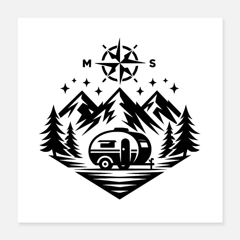 Camping Compass Mountains Poster 40 x 40 cm