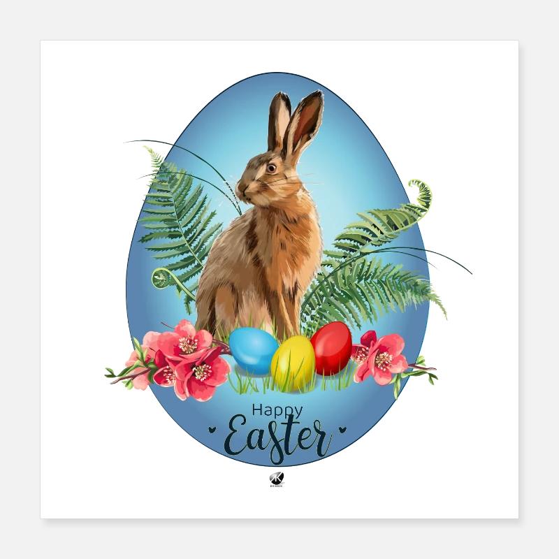 Bunny, Easter eggs and cherry blossoms illustration Poster 16" x 16" (40x40 cm)