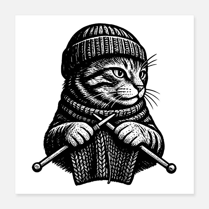 Vintage Linocut Strickkatze - Poster 40x40 cm - Weiß