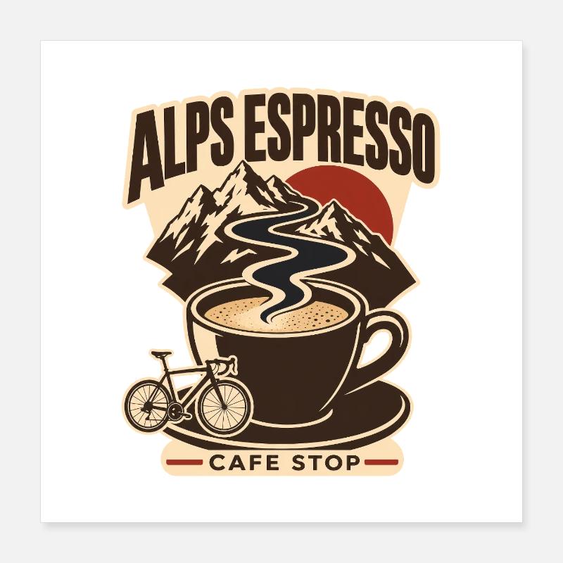 Arrêt du Café Espresso de Cyclisme sur Route des Alpes Poster 40 x 40 cm