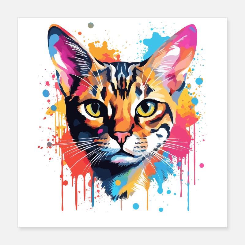 Bengalisches Katzengesicht Bunte Spritzkunst Poster 40x40 cm