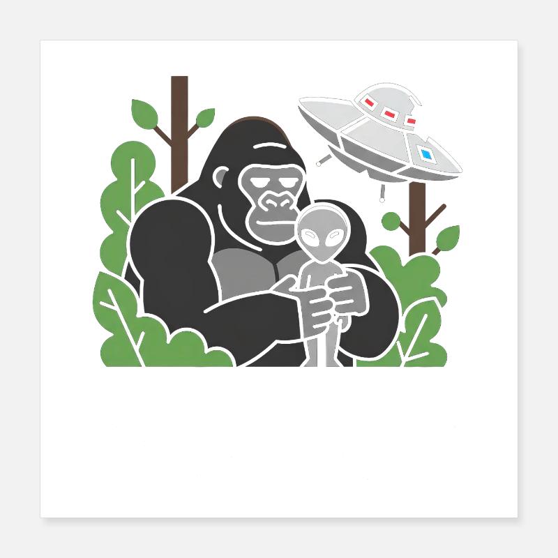 Gorilla and Alien in Jungle UFO Poster 16" x 16" (40x40 cm)