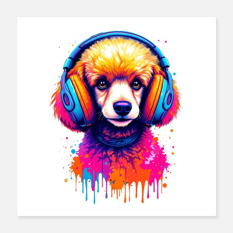 Caniche avec un casque Poster 40 x 40 cm