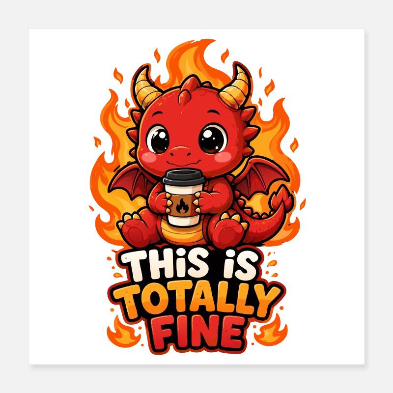 Cute Coffee Dragon - This Is Totally Fine Poster 16" x 16" (40x40 cm)