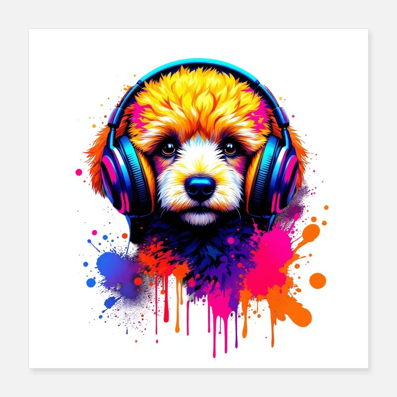 Chiot caniche avec un casque Poster 40 x 40 cm