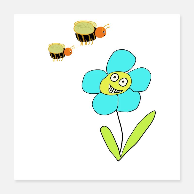 Joyeuses abeilles insectes fleurs bleues Poster 40 x 40 cm